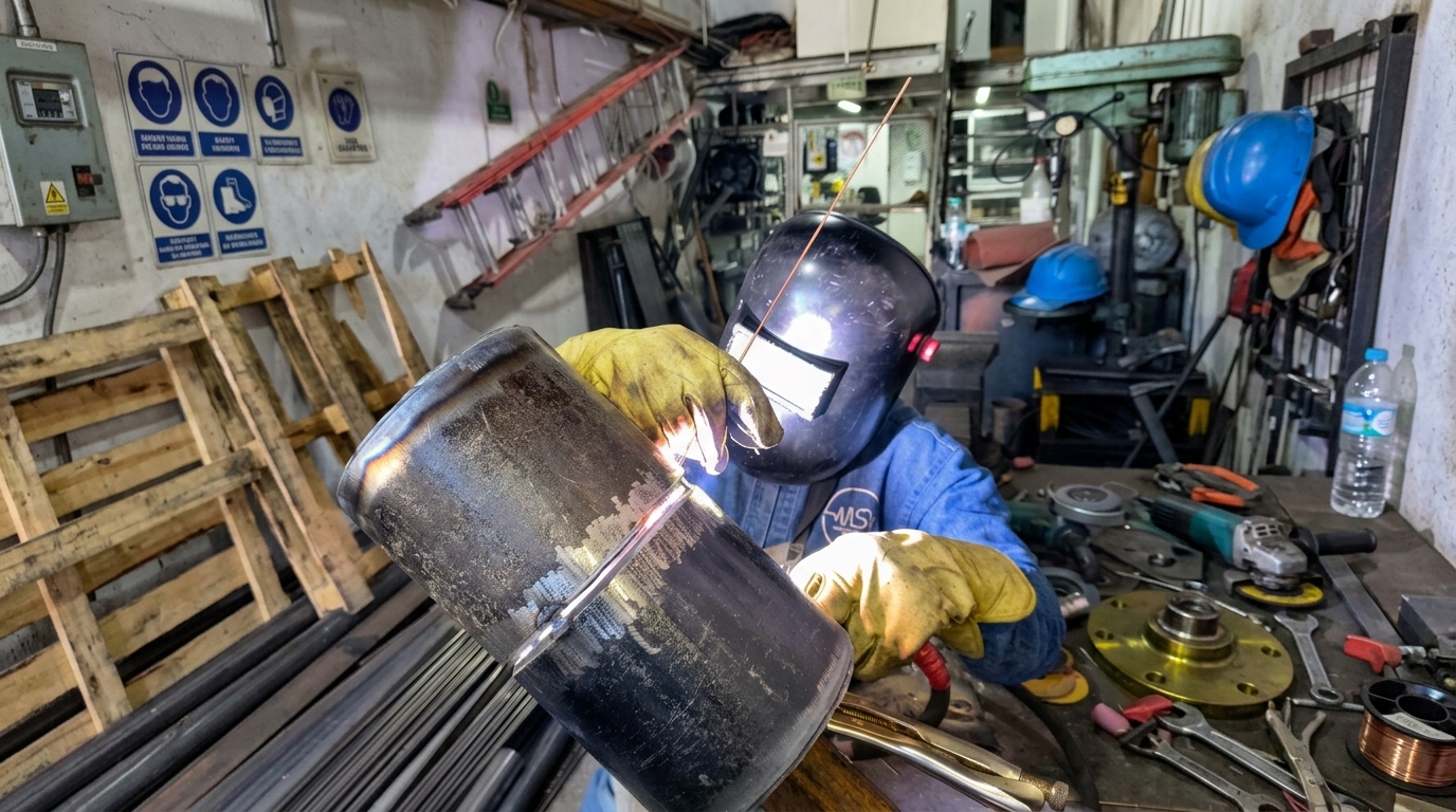 Soldador con careta soldando una junta de tubería en taller metalmecánico