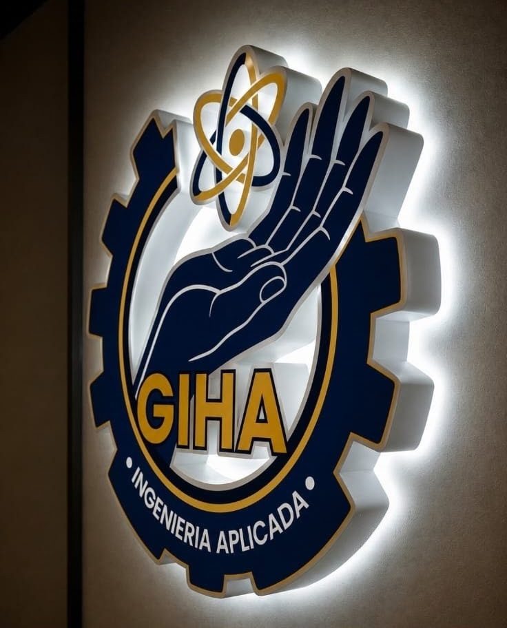 Aviso iluminado con el logo de GIHA Ingeniería Aplicada